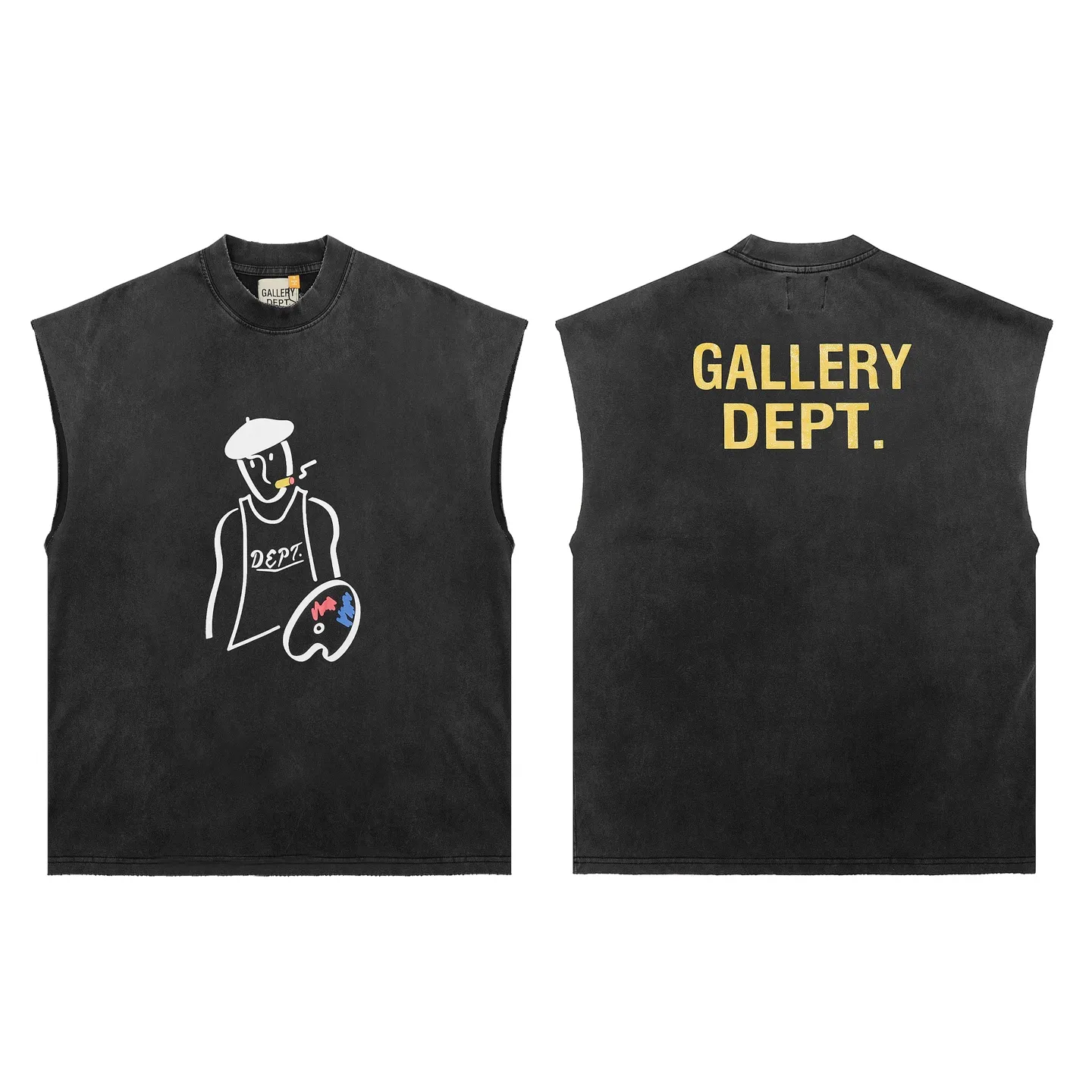 pt model number #G1007 P116 GALLERY DEPT. Distressed and frayed sleeveless waistcoat short sleeves. Artistic painter prints on the front and back. Made of 280G double yarn pure cotton. The fabric is comfortable and stylish. After washing and distressing, the upper body becomes more fashionable and cool. The collar and hem are frayed. The US version is too large. Color: washed black. Size S/M/L/XL